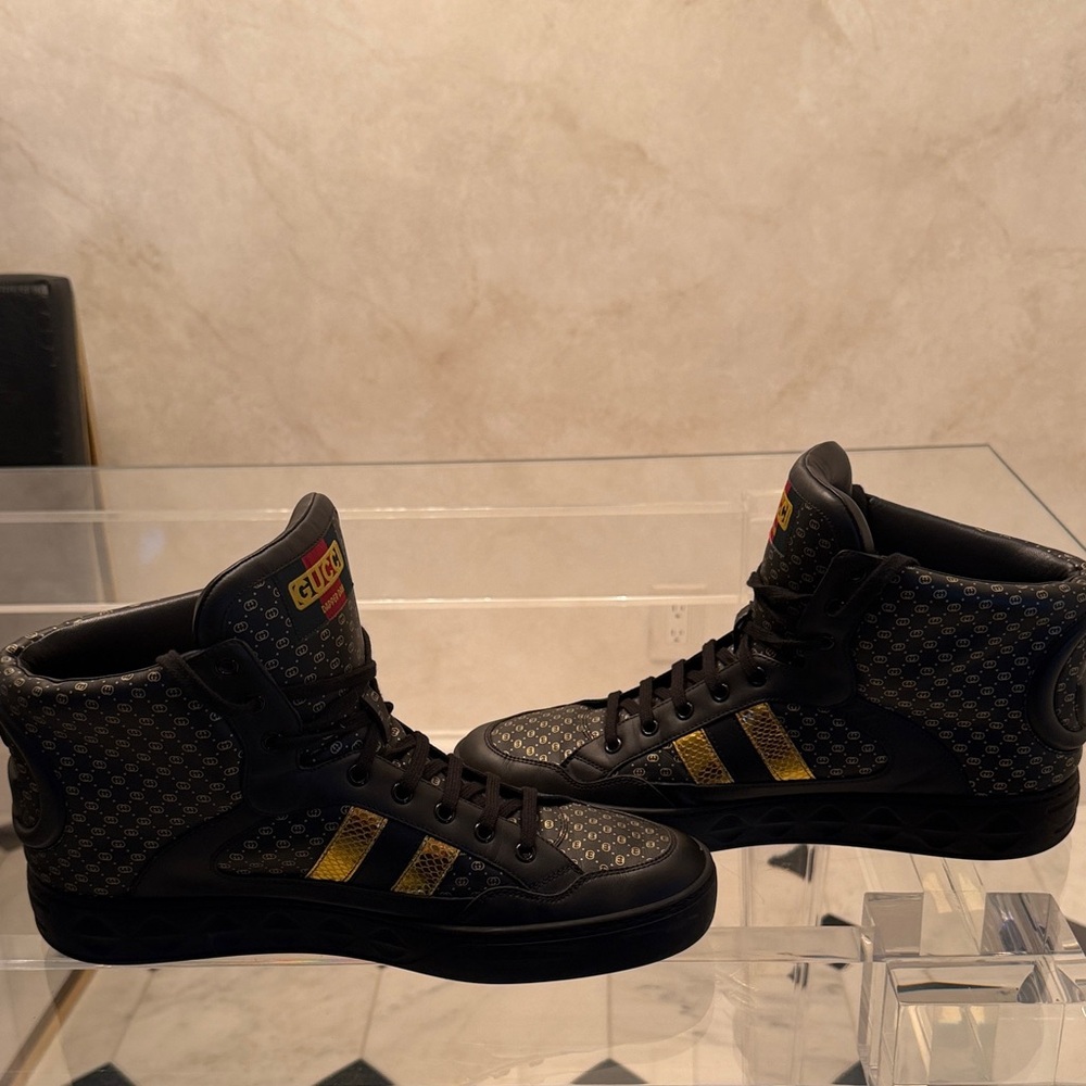 Gucci Dapper Dan Black and Gold High Top Patterned Sneakers - Picture 6 of 11